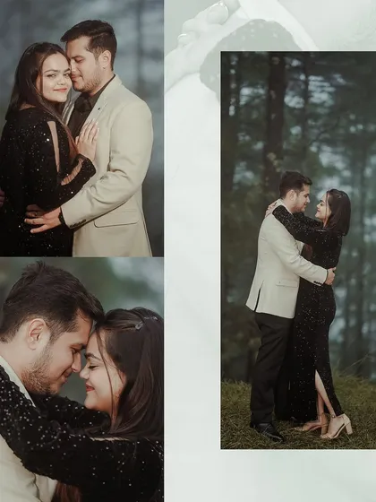 A collage of a couple embracing in a misty forest, capturing the moody and romantic atmosphere of their pre-wedding shoot.