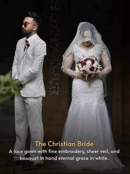 For the modern Christian bride, we have this beautiful white lace gown. The dress features fine embroidery, sheer sleeves, and is paired with a classic veil, embodying eternal grace.
