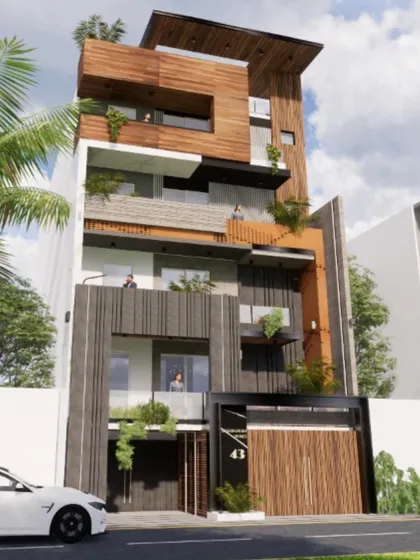 A design for a residence featuring structured walls interplayed with voids and layers. The use of earthy textures, including wood and dark grooved panels, gives an elegant and contemporary face to the building.