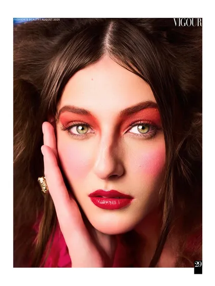 A beauty editorial close-up for Vigour Magazine. The focus here was on the bold, red-toned makeup, using light to accentuate the model's striking green eyes and flawless skin.