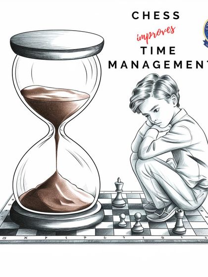 Chess improves time management. The hourglass represents the pressure of the chess clock, teaching kids to think efficiently and make decisions under time constraints.