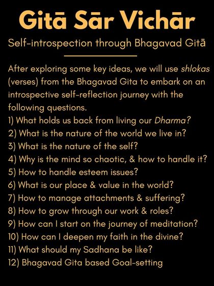 A list of the profound questions we explore in our Gītā Sār Vichār workshop, such as "What holds us back from living our Dharma?" and "How can I start on the journey of meditation?".