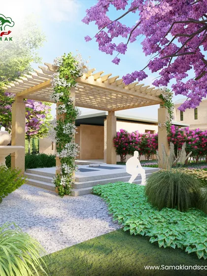 A wooden pergola covered in climbing jasmine creates a fragrant and shaded seating area in this garden concept. The design blends seamlessly with the vibrant purple flowering trees and layered ground cover, showing our skill in combining hardscape and softscape.