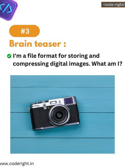 Brain Teaser: I'm a file format for storing and compressing digital images. What am I? This question connects coding concepts to everyday technology that kids are already familiar with.