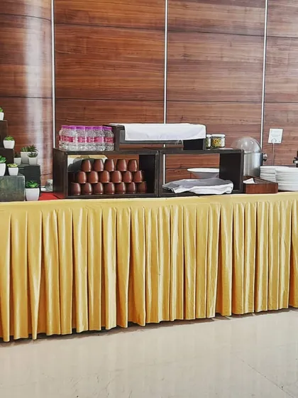 A well organized beverage and snack station for a corporate function. I provide everything from tea and coffee in traditional kulhads to bottled water and light bites.