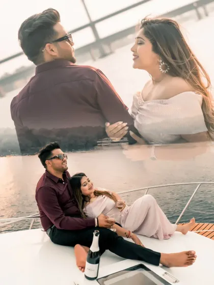 A high-fashion shoot on a private yacht in Goa. This shows how we can create a luxurious, stylish, and glamorous pre-wedding experience, complete with champagne and stunning ocean views.