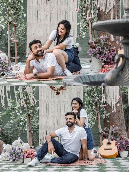 A collage of sweet, romantic moments from a picnic-themed shoot. The couple relaxes on a rug, surrounded by flowers and a guitar, creating a charming and whimsical atmosphere.