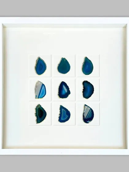 The 'Sapphire' version of the framed agate stones. The cool blue tones offer a calming, serene aesthetic, perfect for a modern living space or office.