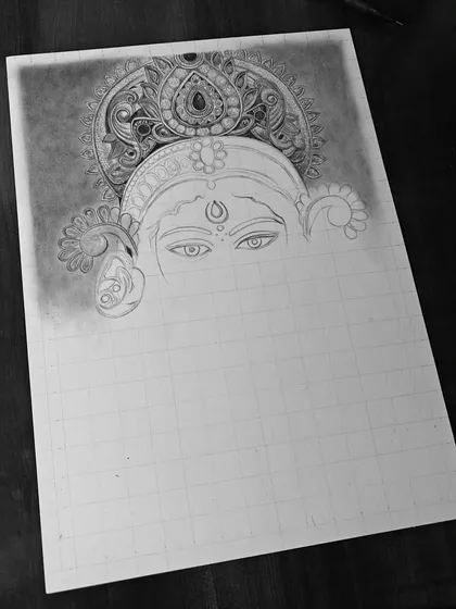 This is where it all begins. The initial outline on a gridded A4 paper, with only the crown's top portion detailed. It shows the blueprint before the real magic of shading starts.