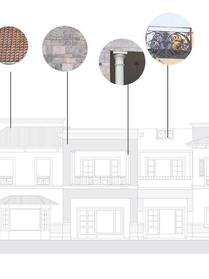 This elevation drawing with material callouts illustrates the symphony of design for our European-inspired project, highlighting sloping roofs, ornamentation, and volumetric harmony.