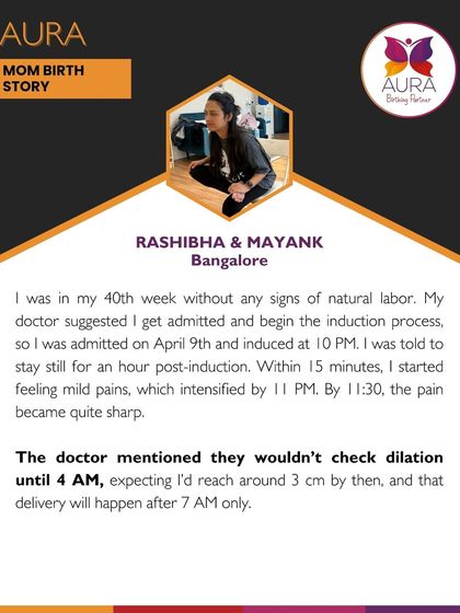 Rashibha's story starts at 40 weeks with no signs of labor, leading to an induction. She describes the initial stages and the long wait for dilation to be checked.