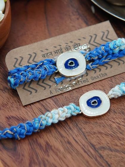 The blue Evil Eye Rakhi set, a gorgeous and popular choice.