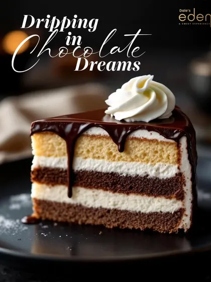 Dripping in chocolate dreams. This layered cake is pure bliss, crowned with a luscious chocolate drizzle and a swirl of cream.