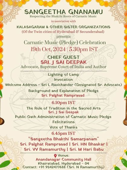 As Chief Guest at the 'Sangeetha Gnanamu' event in Hyderabad, I spoke on the role of tradition in the sacred arts, emphasizing the importance of respecting the Bhakti roots of Carnatic music.
