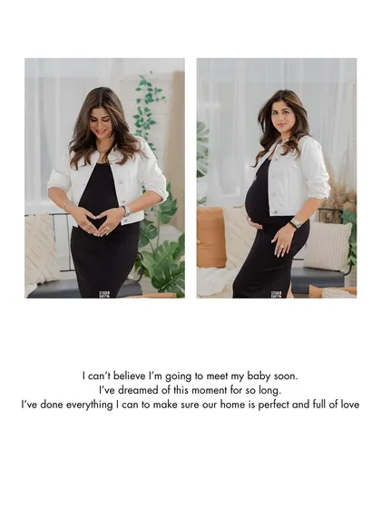 A beautiful collage capturing the mother-to-be's excitement. Making a heart with her hands over her bump and cradling her belly, these images radiate the love and dreams she has for her baby.