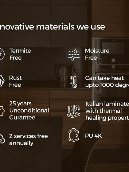 Here is a summary of the innovative materials I use. From being termite and rust-free to handling high heat and offering an unconditional guarantee, every aspect is engineered for longevity and performance, including the Italian laminate with thermal healing properties.