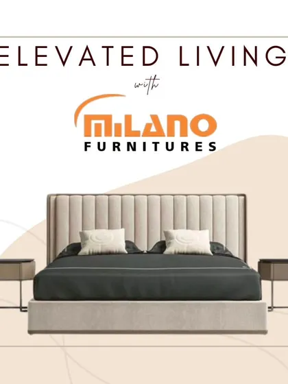 Experience elevated living with our custom beds. This design features a vertically paneled upholstered headboard and sleek, modern side tables.