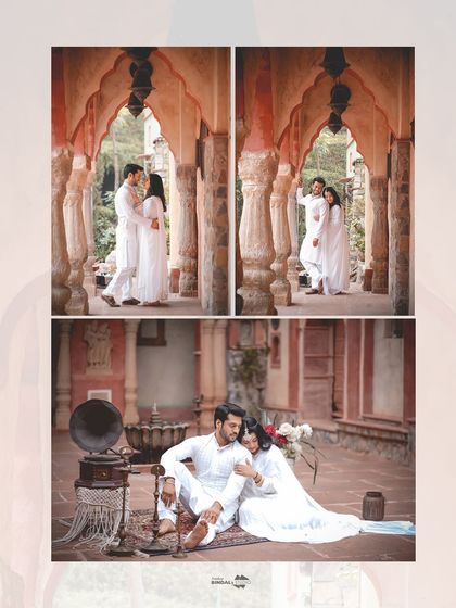 A collage showcasing different facets of a royal-themed shoot. From intimate moments by a vintage gramophone to grand poses in a heritage corridor, we capture a variety of scenes.