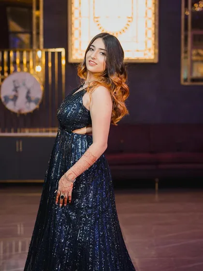 A full-length view of the Seema Gujral gown. This showcases the entire silhouette and how it flows, perfect for a cocktail or reception look.