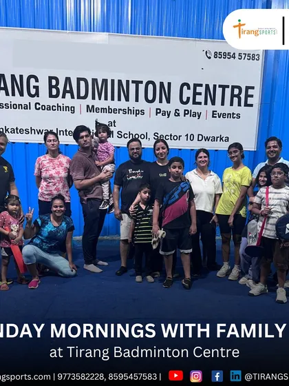 A happy group of families and friends enjoying a Sunday morning at our Dwarka badminton centre. Weekends are for spending quality time and staying active together.