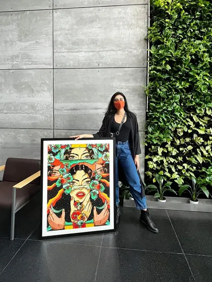 Here I am with the final framed piece for PayPal. I managed the entire process, including personally delivering the artwork for installation.