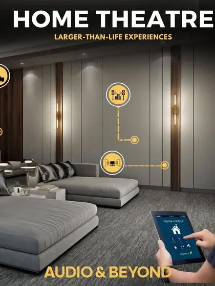 We create larger-than-life home theater experiences. This graphic illustrates how we integrate seating, speakers, and smart controls to put you at the center of the action.