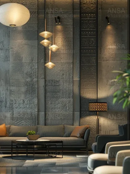 This waiting lounge combines industrial and natural elements. The textured concrete walls are softened by comfortable, modern furniture and warm, layered lighting, creating a space that is both stylish and welcoming.