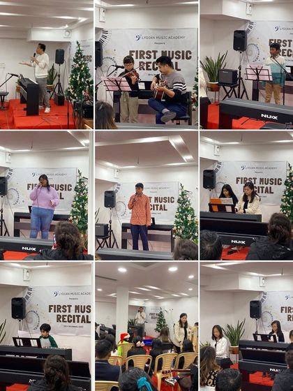 A collage capturing the variety of performances at our First Music Recital, from solo singers and pianists to instrumental duets.