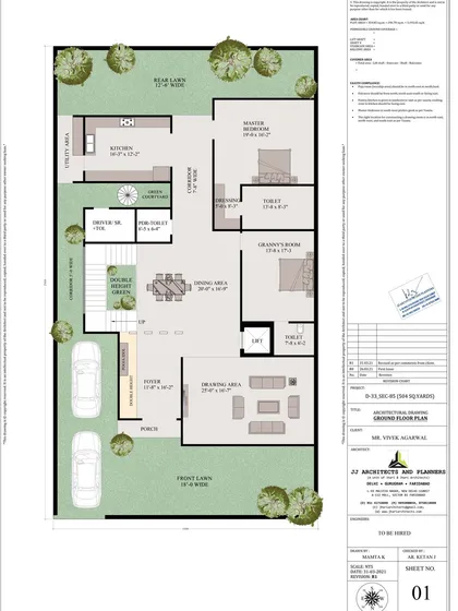 The ground floor plan for the same Faridabad duplex. It features a spacious drawing and dining area, a master bedroom, and a large kitchen, with clear circulation and connection to the front and rear lawns.