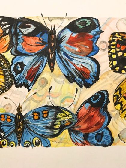 This vibrant composition of butterflies was created in our adult online class. We explore subjects from nature to learn about color harmony, composition, and detail work using various mediums.