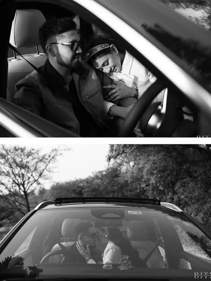 A diptych of two intimate moments inside a car. These black and white shots tell a story of a journey together, capturing both a quiet embrace and a stolen kiss, proving that romance can be found anywhere.