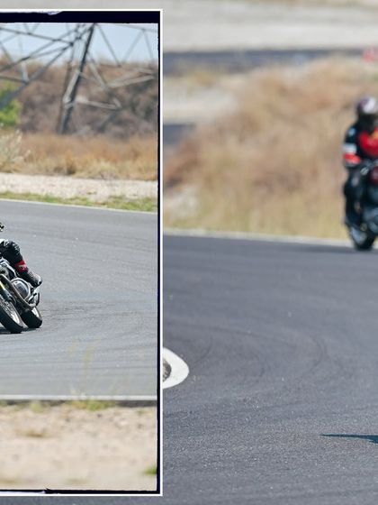 A collage capturing various moments from a track day, from cornering action to drills.
