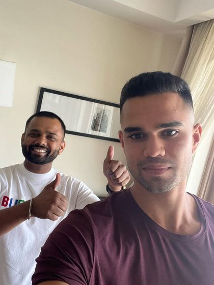 A quick selfie after styling Arjun Tendulkar. Always a pleasure to work with the next generation of cricket.
