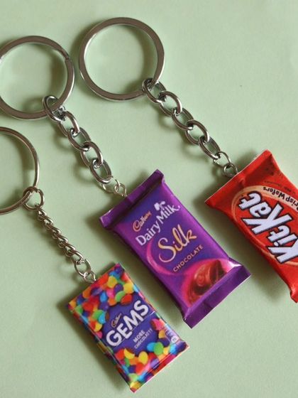 A collection of my miniature chocolate keychains, featuring popular brands.