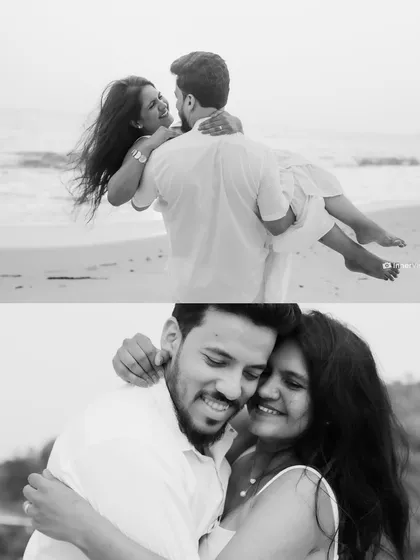 A classic black and white collage showing two romantic moments. The top frame captures the groom carrying the bride, and the bottom shows an intimate hug, both timeless expressions of love.
