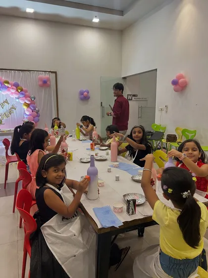 A wide shot of a kids' birthday party in full swing. We handle the entire art activity, so parents can relax and enjoy the celebration.