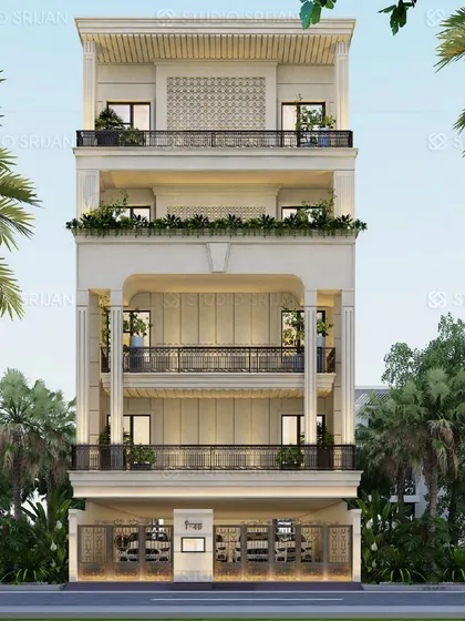 A stately, symmetrical facade for a 271 sq. yard home in Mansarovar Garden. The design uses classical arches and columns to create a sense of rhythm and order, with decorative jali work on the top floor for a traditional touch.