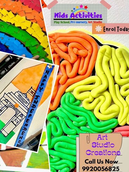 This collage showcases the variety of creations from our art studio. You can see colorful clay work, a paper mosaic rainbow, and a drawing celebrating Independence Day. Each piece reflects the unique creativity we encourage in every session.