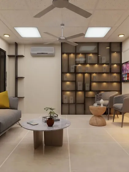A slightly different take on the modern living room concept, this version features a fully enclosed glass-backed shelving unit. This provides a more formal, display-oriented storage solution while maintaining a clean and contemporary look.
