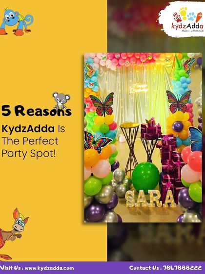 This collage highlights five reasons Kydzadda is the perfect party spot, featuring a vibrant butterfly-themed decoration for Sara's birthday as a prime example of my creative work.