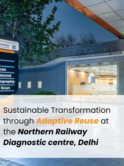 The Northern Railway Diagnostic Centre in Delhi is a prime example of sustainable transformation through adaptive reuse. We repurposed an existing building to house cutting-edge diagnostic services, prioritizing accessibility and patient comfort while setting a new benchmark for eco-friendly healthcare design.