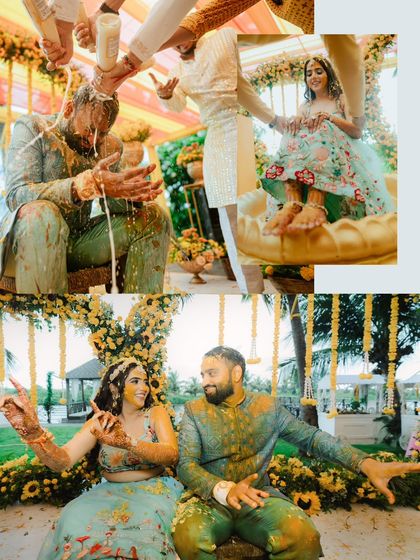 A collage of Haldi moments, from the buttermilk splash to the couple dancing, showcasing the fun and variety of the ceremony.