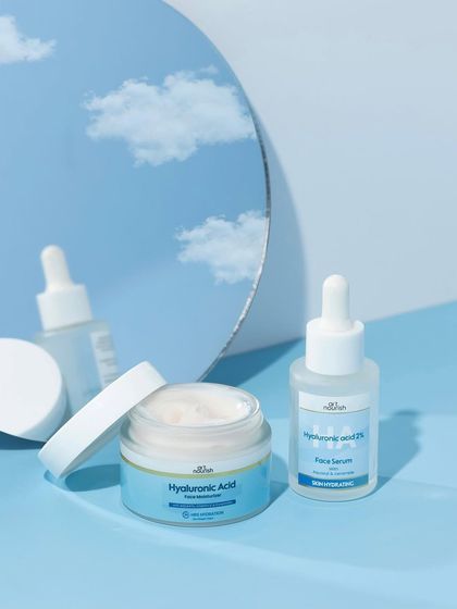 A dreamy, sky-like setup for a hydrating product line. We used a mirror to reflect a cloud-print backdrop, creating an ethereal and gentle mood that perfectly suits the Hyaluronic Acid products.