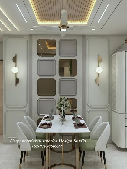 A dining area with a beautiful wall of square niches, some mirrored and some plain, creating a playful pattern. The design is complemented by a modern puja cabinet.