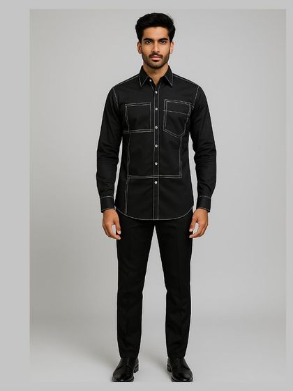 A duplicate full-length shot, showing how the shirt pairs with black trousers for a cohesive and stylish ensemble.