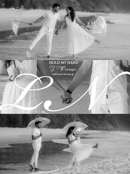 A creative black and white collage of a couple on the beach with umbrellas, telling a story of 'love in the rain'.