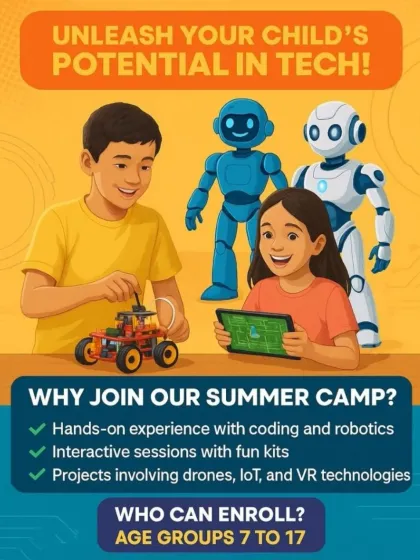 Our summer camps are designed to unleash your child's potential in tech. We offer hands-on experience with coding, robotics, drones, IoT, and VR for kids and teens from 7 to 17.