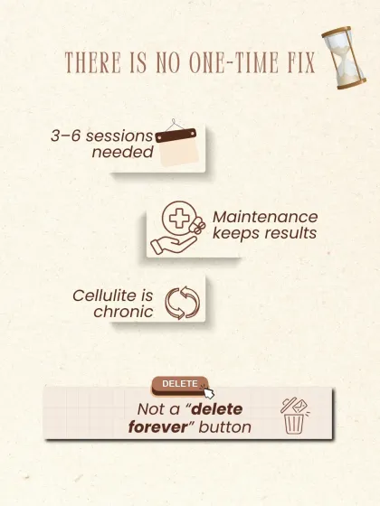 Cellulite is a chronic condition, not a one-time fix. Effective treatment typically requires 3-6 sessions, followed by maintenance to keep the results. There is no "delete forever" button.