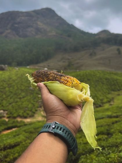Enjoying a snack with a view of the Munnar tea gardens.