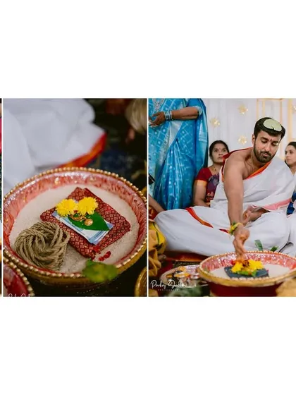 A collage showing the details of a traditional Telugu wedding ceremony, from the sacred pots to the rituals.